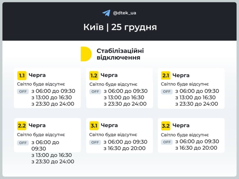 Відключення світла в Києві та області 25 грудня: як діють графіки (оновлено)