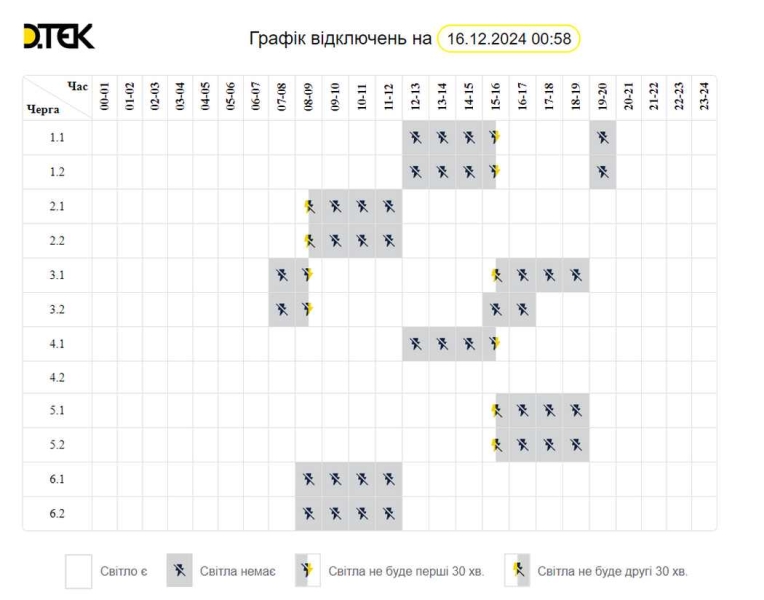 Відключення світла в Києві та області 16 грудня: як діятимуть графіки